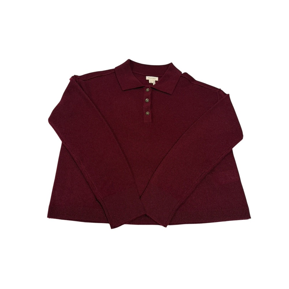 Pilcro Anthropologie Jensen Cashmere Crop Polo Sweater Dark Red/Burgundy XS NWT